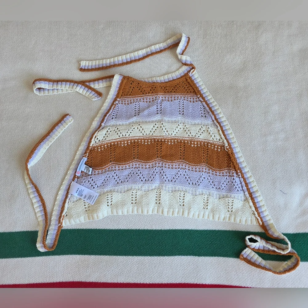 Sisstrevolution knit Back Tie Striped Pointelle Crochet Halter Crop Top S M NEW - Picture 2 of 8
